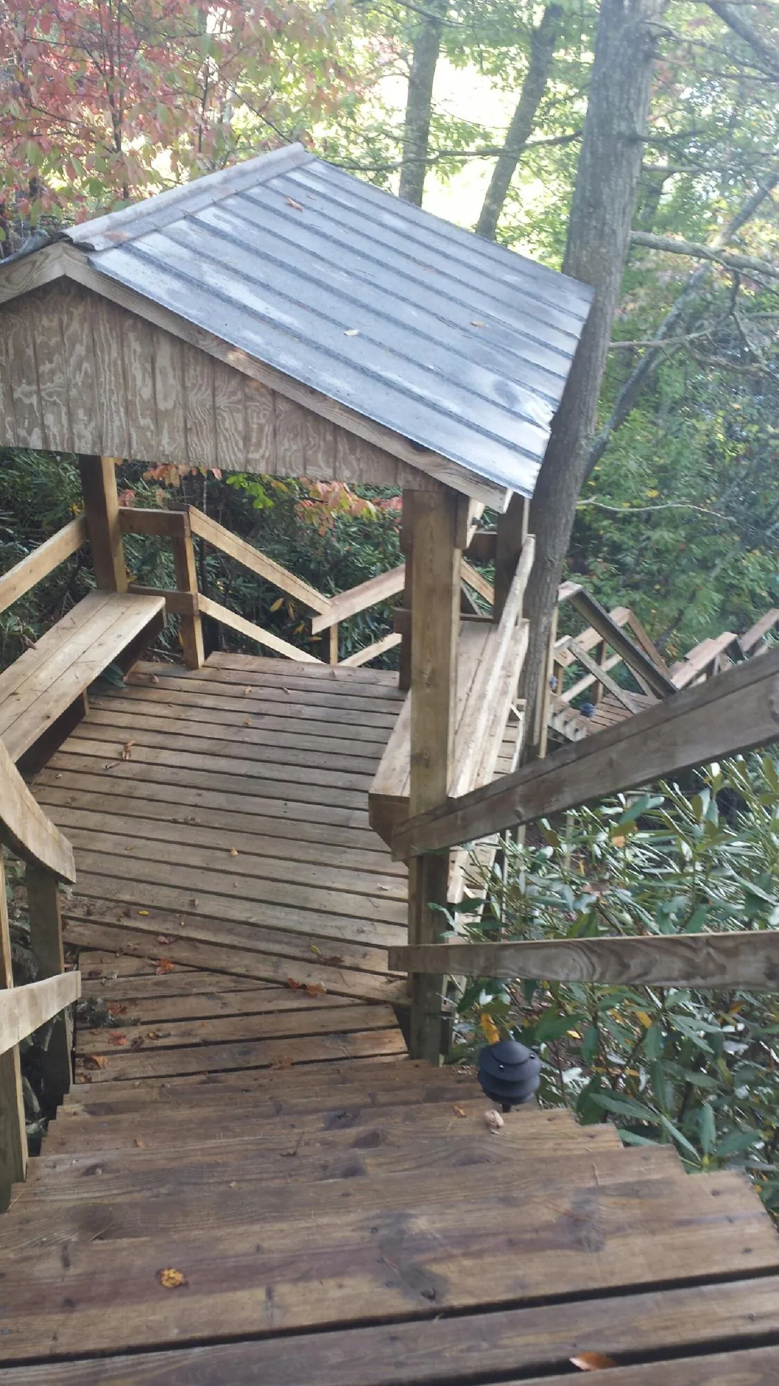 Metal roofed shelter over wooden steps on a wooded walkway — Skylight Repair & Installation work by our crew in Mumford